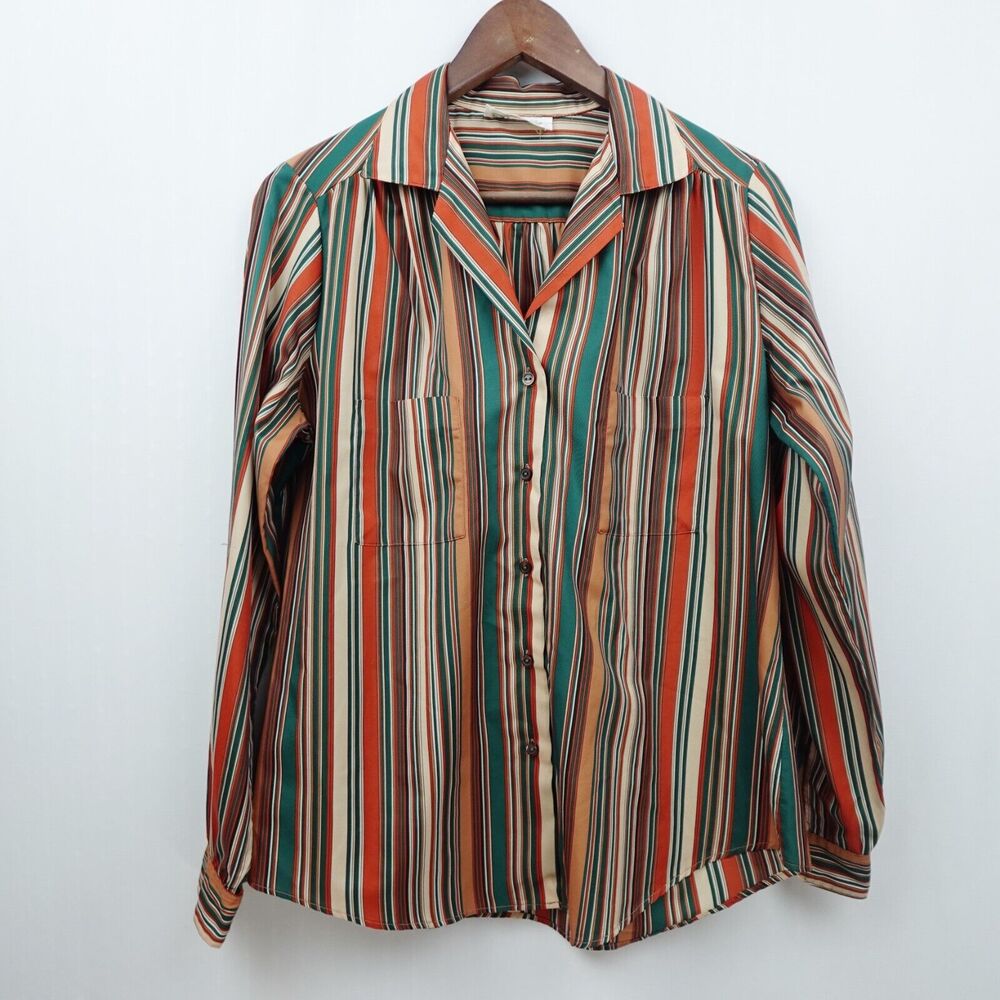 Vintage Shapely 60s 70s Striped Blouse Sz‎ L 14 Orange Green Button Up Shirt Top